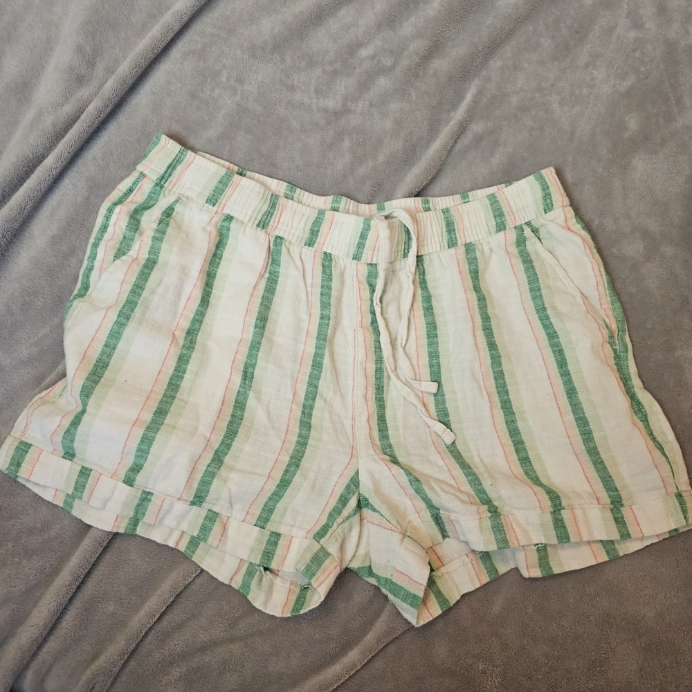 Women's High Rise Linen‎ Shorts Green Striped Beach Outdoors Large